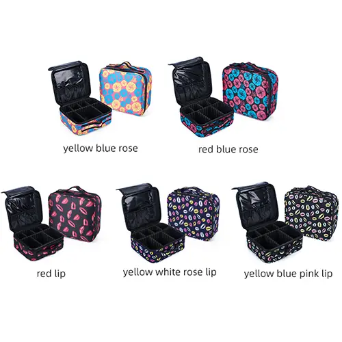 Polyester Printing Rose Lipstick And Brush Compartment Designer Vanity Case